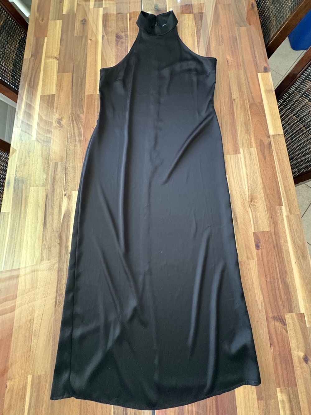 NWT Sz M Black SatinHalter Mock Collar Maxi Full Length Evening Dress Sleeveless